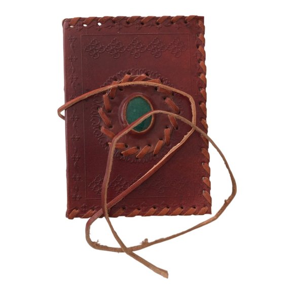 Leather Mahogany Woven Embossed Wrap Green Stone Journal - Picture 3 of 12